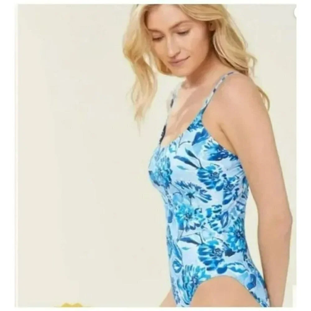 Andie Swim The Amalfi One Piece Swimsuit Bathing Suit Blue Floral‎ Size Large